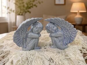 Vintage style iridescent ceramic cherub angels (set of 2)